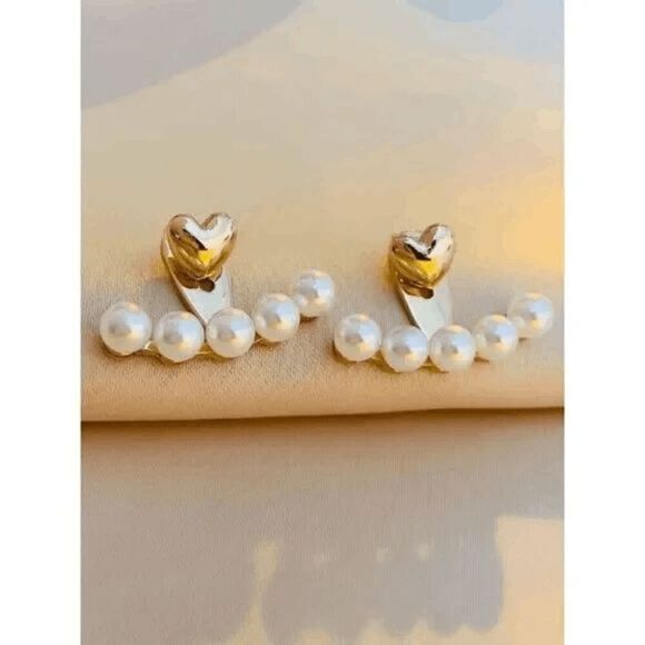 GOLD HEART PEARL EAR JACKET HUGGER STUD EARRINGS - Picture 4 of 6